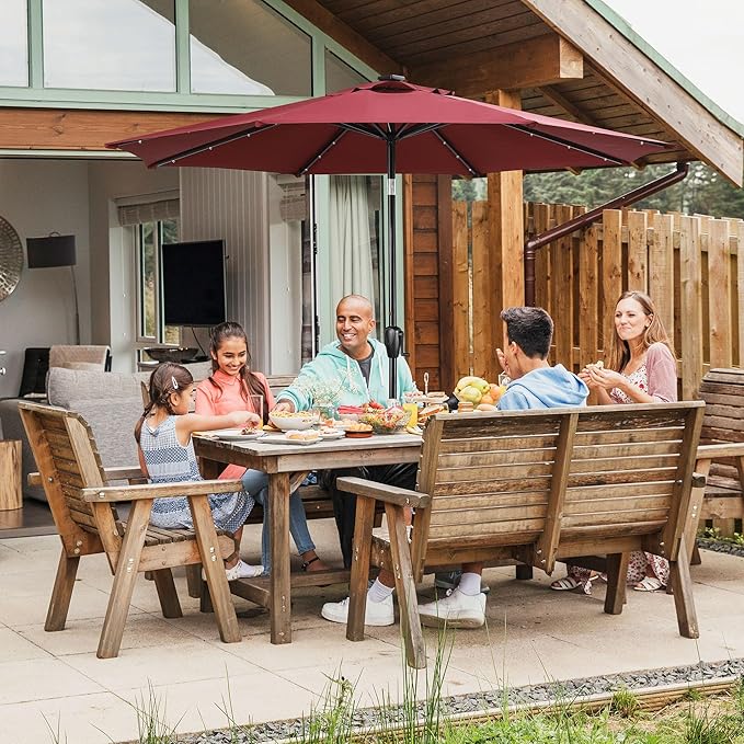 Sun-Ray 9' Round Patio Umbrella with 32 Solar Powered LED Lights, Push-Button Tilt and Hand Crank Lift, Solar Umbrella in Burgundy for Porch, Deck, and Patio