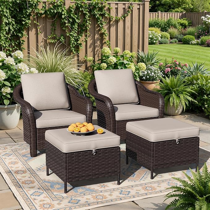 4 Piece Patio Wicker Conversation Set, 2 All-Weather Use Outdoor Wicker Chairs with 2 PE Rattan Ottomans,Ideal for Porch, Backyard, Balcony, Poolside, Beige