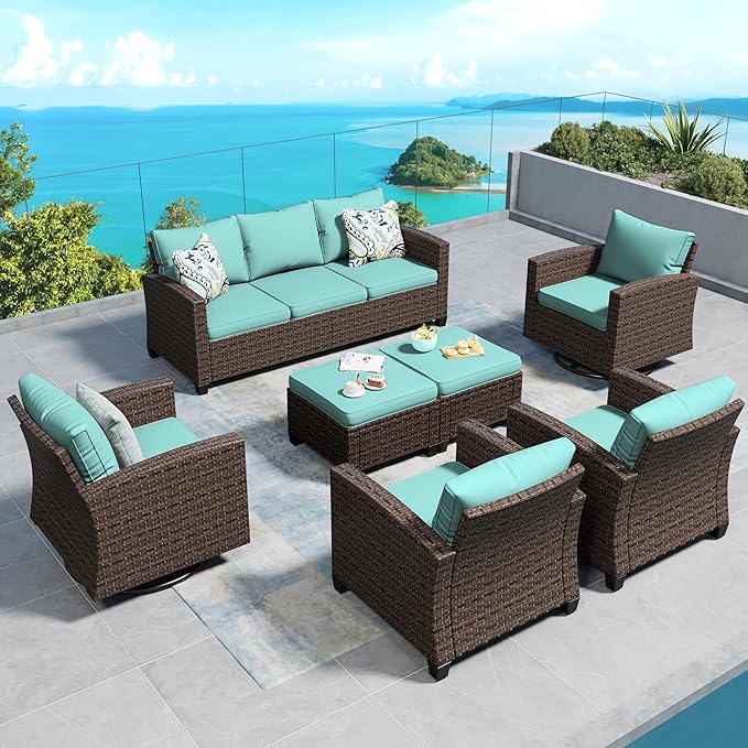Swivel Glider Patio Furniture Set Outdoor Furniture Brown Wicker Rattan Patio Conversation Sets with Cushion Outside Sofa Set,7 Pieces 9 Seats,Blue