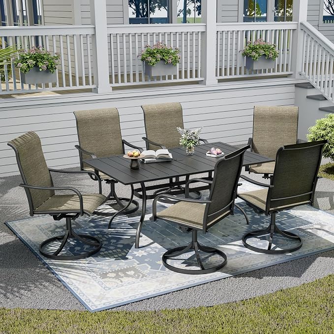 7-Piece Outdoor Dining Set with Umbrella Hole,63"x 38" Patio Table and Swivel Chairs Set for 6,Modern Garden Dining Set for Poolside Seaside Backyard