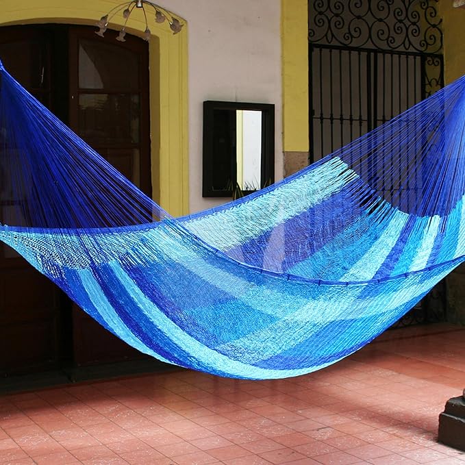 NOVICA Multicolor Sky Blue Striped Hand Woven Nylon Mayan 1 Person Rope Hammock, 'Blue Caribbean' (Single)
