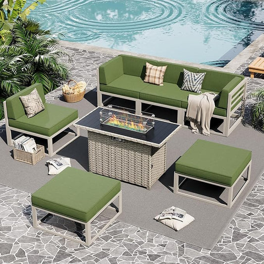 UDPATIO Aluminum Patio Furniture Set with Fire Pit Table, Modular Oversized Outdoor Sectional of Olefin 5 inch Cushion, Coffee Table and Waterproof Cover, Patio Conversation Sets for Porch, Deck
