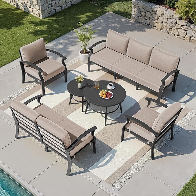 Kullavik Aluminum Patio Furniture Set with 2 Round Coffee Tables,7-seat Metal Outdoor Sectional Furniture w/5.1" Cushions,Patio Conversation Sets for Garden,Backyard,Porch-Sand