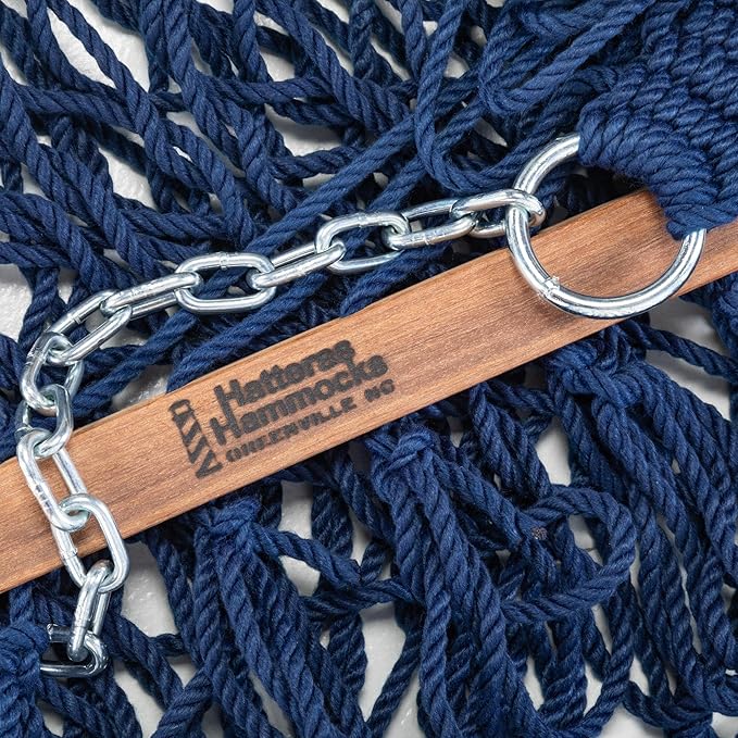 Hatteras Hammocks Large Navy DuraCord Rope Hammock – 13 ft. x 55 in., 2-Person, 450 lb Capacity, Cumaru Spreader Bar, Zinc-Plated Hardware – Handcrafted in The USA