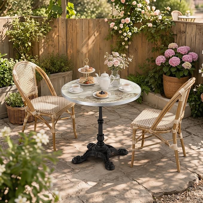 31.5" Outdoor Dining Table, Square Bistro Table w/Sintered Stone Tabletop | and Cast Iron Base, Weather Resistant Small Bistro Table for 2-4 for Outdoor Garden Café Use (Cream Taupe Marble)