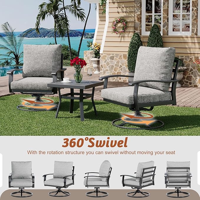 HOMREST Outdoor Furniture Thickened Cushion 360 Degree Swivel Rocking Patio Chairs and 3-Seat Sofa, Loveseat, Coffee Table, 5 PCS Metal Conversation Set for Garden, Deck and Poolside