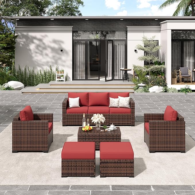 Amopatio Patio Furniture Set, Outdoor Furniture Wicker Rattan Sofa, Outdoor Sectional with Ottomans, Patio Set for Backyard Porch Balcony (Burgundy)