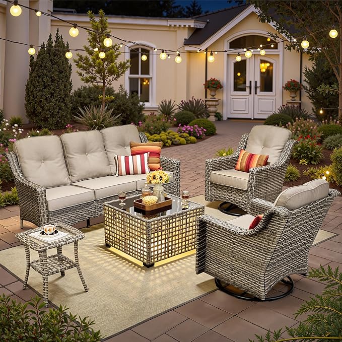 HOOOWOOO Patio Furniture Set,5 Pieces Wicker Outdoor Furniture,High Back Conversation Set with All Weather Resistant Solar Light Table Couch Swivel Chairs,Beige Tan