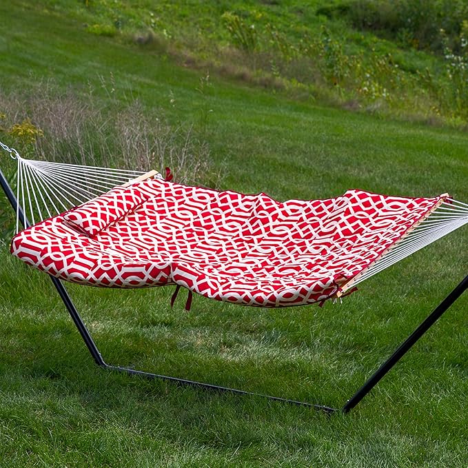 Sunnydaze Rope Hammock with Stand for Outside- 275-Pound Capacity - Includes 12-Foot Hammock Stand, Spreader Bar, Pad, and Pillow - Royal Red