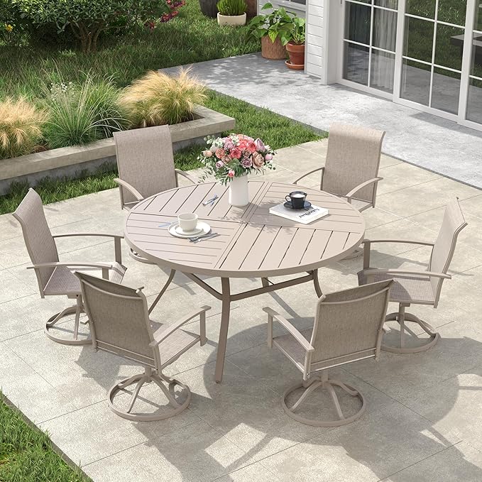 VICLLAX Outdoor Table and Chairs Set for 6, Patio Dining Set of 50 Metal Round Patio Table with Umbrella Hole & 6 Swivel Outdoor Dining Chairs for Backyard Lawn, Sandshell