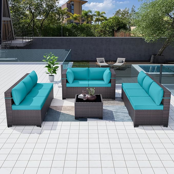Patio Furniture Set 9pcs Outdoor Furniture for Backyard Sectional Sofa Set, Wicker Rattan Outdoor Conversation Set with 4 Inch Thickened Cushions and Coffee Table, Blue