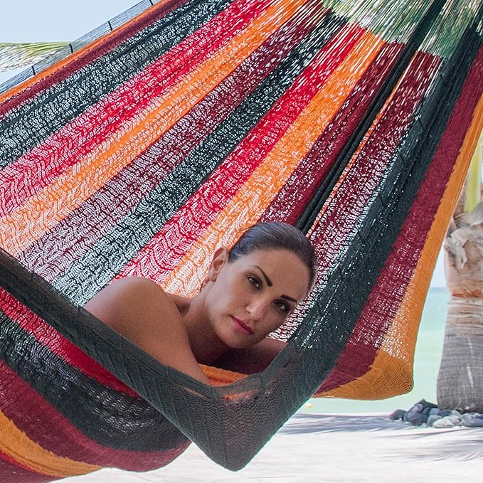 NOVICA Red Yellow Brown Striped Hand Woven Cotton Mayan 1 Person Rope Hammock, 'Red Wine Sunset' (Single)