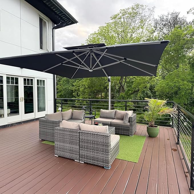 PURPLE LEAF 10' X 13' Solar Powered LED Patio Large Umbrella Offset Double Top Hanging Umbrella Outdoor Market Umbrella for Garden, Slate Gray