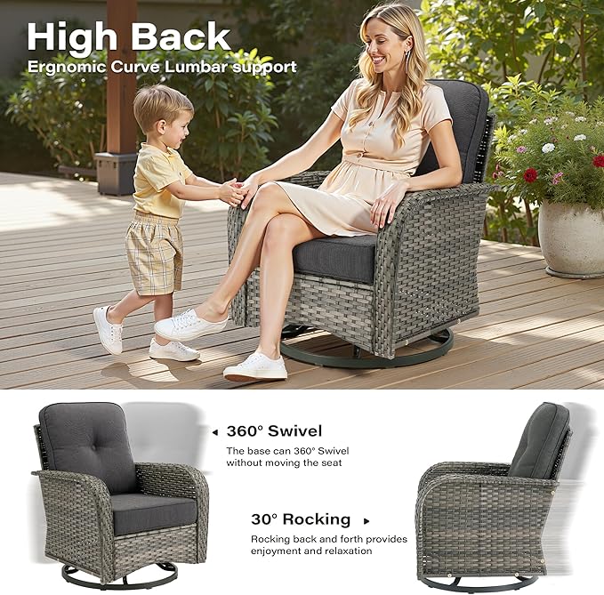 7 Pieces Patio Conversation Sets,Patio Furniture Set with Swivel Rocking Chairs,Coffee Table, Side Table, All Weather Rattan Wicker Outdoor Sectional Furniture Set for Porch Balcony Backyard Black