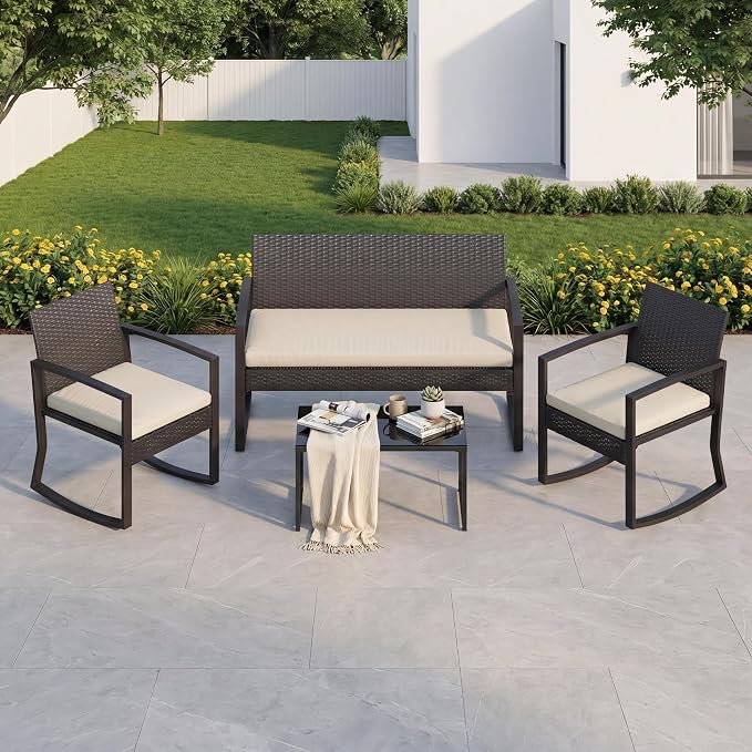 Garvee 4 Piece Patio Furniture Set, PE Rattan Outdoor Rocking Chair Conversation Set with Coffee Table, Outdoor Wicker Patio Table and Chairs Set for Patio, Porch, Backyard, Beige