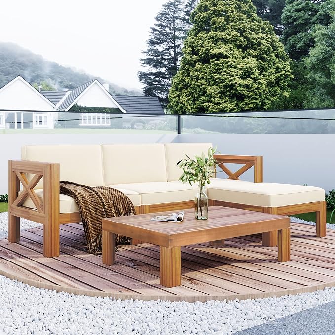 Acacia Wood 5-Piece Patio Sectional Sofa Set, All-Weather Outdoor Conversation Set, Corner Design Patio Set with Coffee Table and Updated Cushions for Backyard Porch Courtyard Poolside (Natural+Beige)