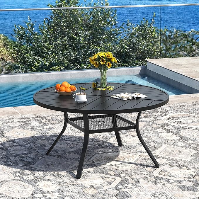 DIFY Patio Dining Set for 6, 7 Piece Outdoor Table and Chairs Set, 47.2" Black Round Metal Patio Dining Table and 6 Grey Textilene Stackable Patio Chairs, for Backyard Garden Poolside
