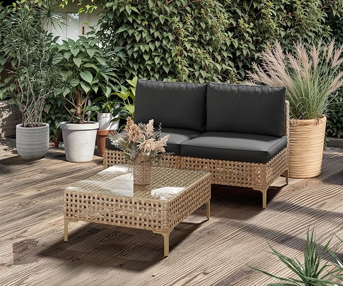 LHBcraft 3 Piece Wicker Patio Furniture Set,Modular Outdoor Furniture,Outdoor Patio Conversation Sets with Fluffy Black Cushions and Coffee Table