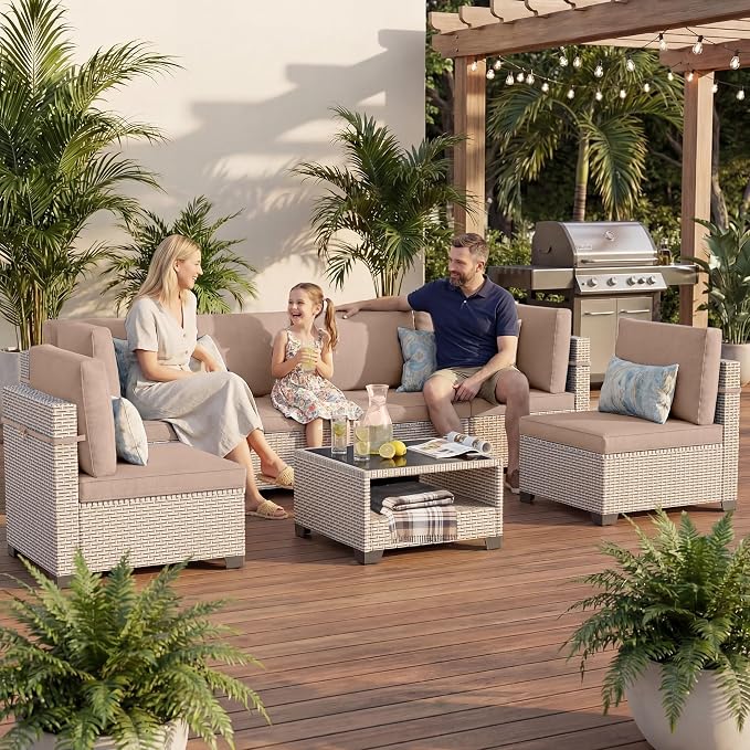 Patio Furniture Set, 7-Piece Outdoor Sectional Sofa with 2-Layer Glass Coffee Table, Wicker Patio Conversation Set with Khaki Cushions for Backyard, Poolside, Porch