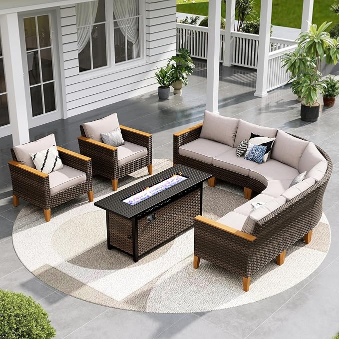 Sophia & William Patio Furniture Set with Fire Pit Table, 9 Piece Half Moon Outdoor Wicker Sectional Sofa Set, Rattan Conversation Set with 56-Inch Fire Pit Table for Backyard, Deck, Pool(Beige)