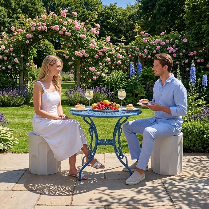 COSIEST Outdoor Side Table, 16.9" Modern Concrete End Table w Chessboard for Patio,Lightweight Round Outside Accent Table & Plant Stand for Garden, Porch, Deck, Balcony，White