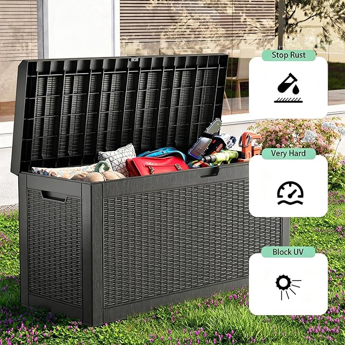 DRATO 60 Gallon Deck Box, Waterproof Resin Large Outdoor Storgae Box for Patio Furniture, Patio Cushions, Gardening Tools, Pool Supplies, Lockable (Black, 60 Gallon)