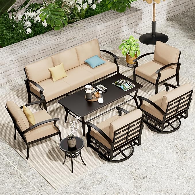 Aluminum Patio Furniture Set with Coffee Table,7 Seats Metal Modern Outdoor Furniture w/5.1" Thick Cushions, Sectional w/Swivel Chairs for Backyard,Sand