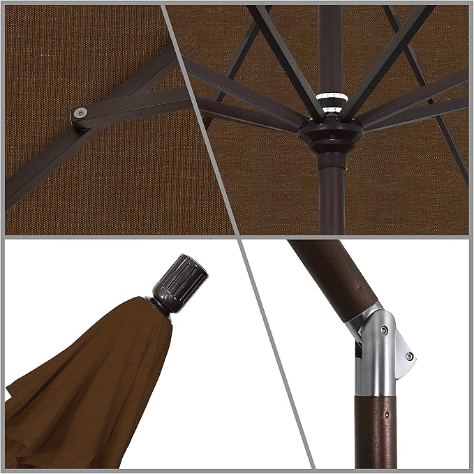 California Umbrella 9' Round Aluminum Market Umbrella, Crank Lift, Collar Tilt, Bronze Pole, Teak Olefin