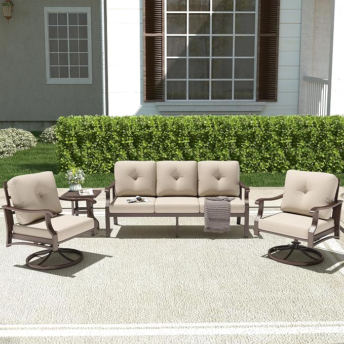 4 Piece Patio Furniture Set, Metal Outdoor Conversation Set w/3-Seat Sofa, 2 Rocking Swivel Chairs, Side Table, Patio Bistro Set w/5" Thickened Cushions for Porch Yard Poolside, Beige