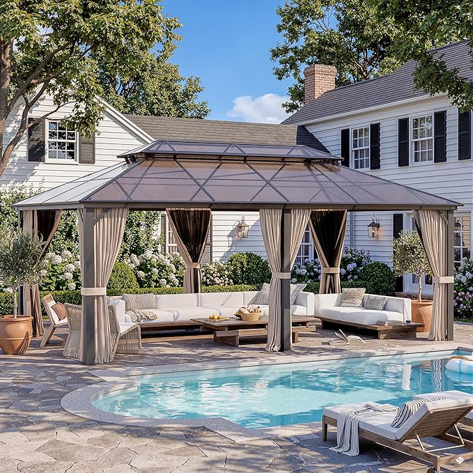 AirWire 12'x20' Hardtop Gazebo, Outdoor Polycarbonate Roof Canopy, Aluminum Frame Permanent Pavilion with Curtains and Netting, Sunshade for Garden, Patio, Lawns