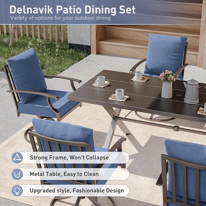Kurapika 7 Pieces Patio Dining Set Outdoor Furniture with 6 Swivel Chairs, Metal Patio Furniture Set 6 Chairs and Large Table with Umbrella Cutout for Yard Porch Deck, Navy Blue