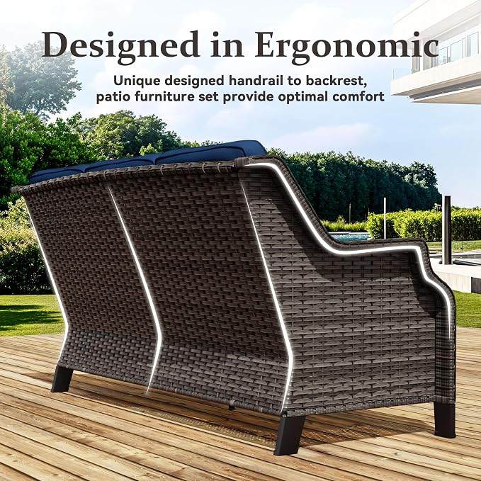 6 Pieces Patio Furniture Set, Outdoor Furniture Set with 2 Patio Chairs, 2 Ottoman, 1 Outdoor Wicker Sofa, 1 Metal Table, Ideal for Backyard, Garden, Poolside, Blue