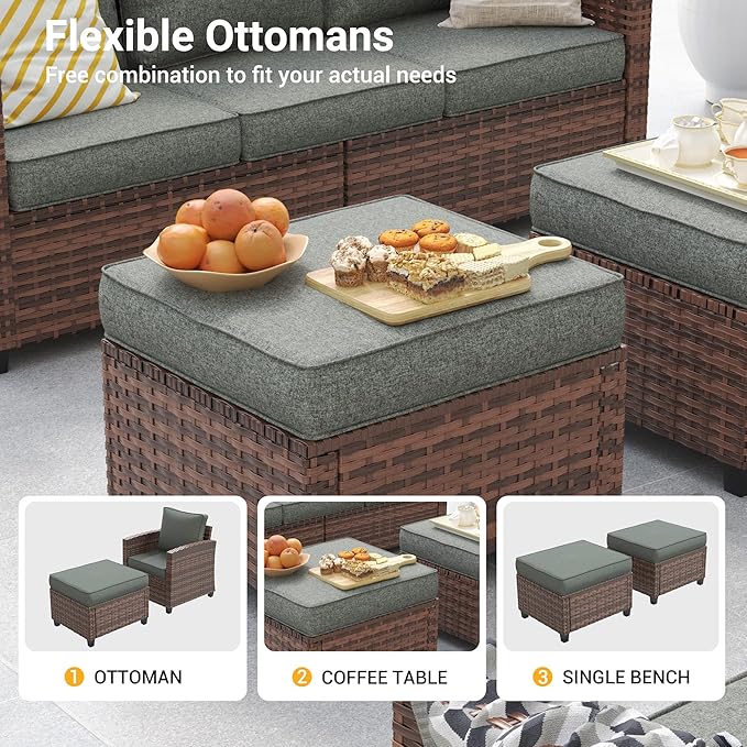 Patio Furniture Sets, 6 Pieces Patio Outdoor Sectional Furniture, Wicker Rattan Conversation Sofa with Swivel Chair, Ottomans, Side Table, 4" Thick Cushion for Deck Porches Balconies, Dark Grey