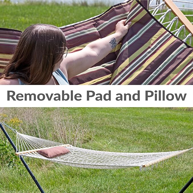 Sunnydaze Rope Hammock with Stand for Outside- 275-Pound Capacity - Includes 12-Foot Hammock Stand, Spreader Bar, Pad, and Pillow - Desert Stripe