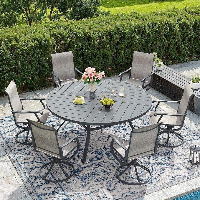 DIFY Patio Table and Chairs Set for 6, 7 Piece Outdoor Dining Set Includes 53.1" Round Metal Dining Table with Umbrella Hole and 6 Textilene Swivel Patio Chairs, for Garden Backyard Deck, Grey