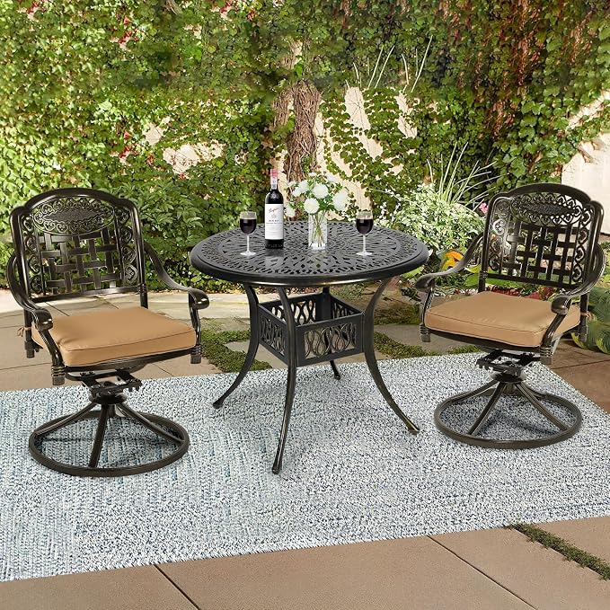 3-Piece Outdoor Patio Dining Set, All-Weather Cast Aluminum Patio Furniture Set for Backyard Garden Deck with 2 Swivel Cushioned Chairs and 35.4” Round Table, 2" Umbrella Hole, Khaki