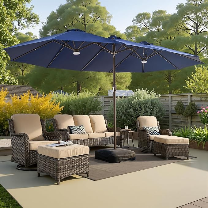 15ft Large Patio Umbrellas with Base & Solar Lights,Outdoor Rectangle Double-Sided Market Umbrella with Stand & 38 LED Lights,Outside Umbrellas for Poolside Deck Backyard (Navy Blue)