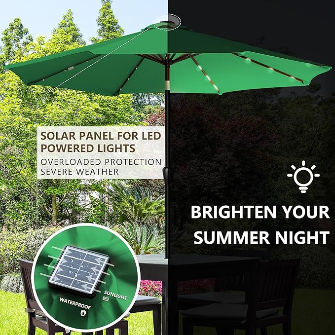Sun-Ray 9' Round Patio Umbrella with 32 Solar Powered LED Lights, Push-Button Tilt and Hand Crank Lift, Solar Umbrella in Hunter Green for Porch, Deck, and Patio
