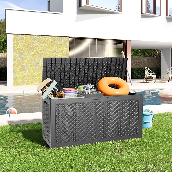 Vixzen 100 Gallon Deck Boxes Outdoor Waterproof, Lockbale Outdoor Storage Box for Patio Cushions Storage Furniture, Garden Tools, Pool Supplies, Weatherproof and UV Resistant (Black, 100 Gallon)