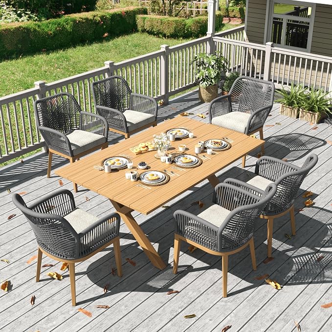 LayinSun Outdoor Dining Set for 6, 7 Pieces Patio Furniture Sets with Aluminum Dining Table and Rope Weave Chairs