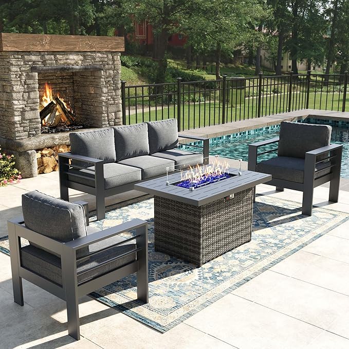 4 Pieces Modern Aluminum Patio Furniture Set with Fire Pit Table, Outdoor Conversation Sets Metal Sectional Sofa