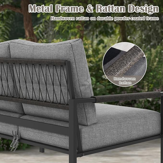 5 Pieces Rattan Outdoor Furniture Set, All-Weather Patio Conversation Set with Dark Grey Cushions and Coffee Tables for Garden, Backyard, Balcony, Poolside