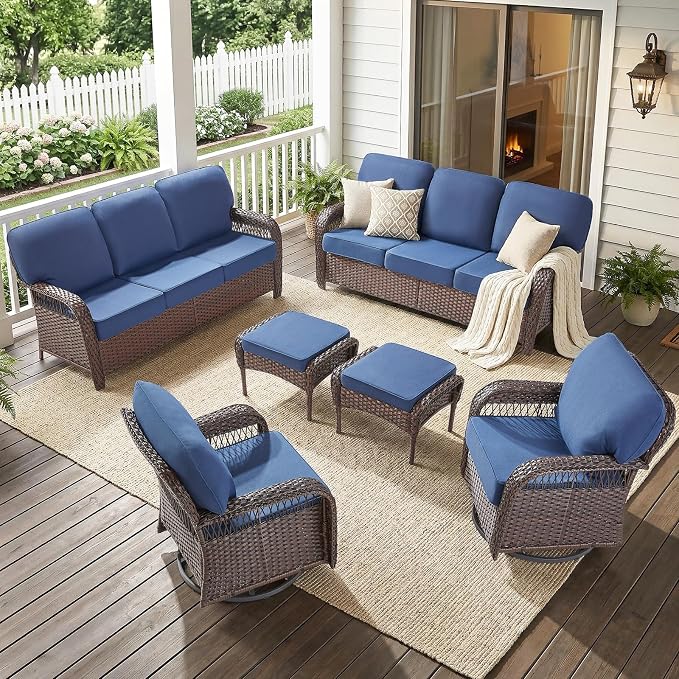 6 PCS Patio Furniture Set Outdoor Sectional Sofa Couch with Rocking Swivel Chairs 5" Deep Seat Chairs, 2 Sofa Sets Modern Wicker Rattan Conversation Set, Blue/Brown Wicker