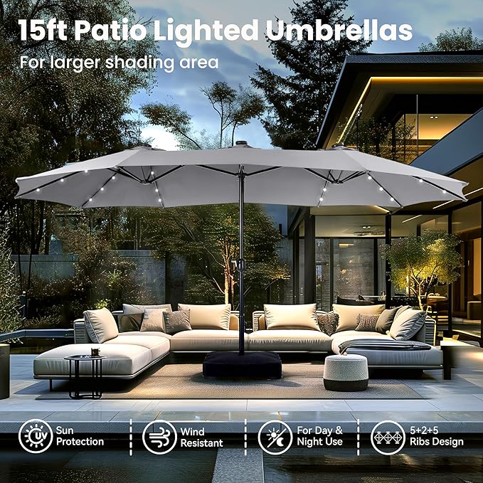 PHI VILLA 15ft Large Patio Umbrella with Solar Lights, Double-Sided Outdoor Market Rectangle Umbrellas with 36 LED Lights, Umbrella Base (Stand) Included, Light Grey