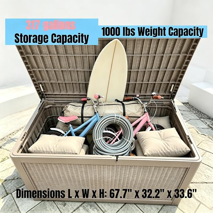 317 Gallon Large Resin Outdoor Storage Box, Waterproof Deck Box, Lockable Deck Container with Reinforced Support, Outdoor Chest for Patio Accessories, Outdoor Cushions, Garden Tools, Taupe Gray