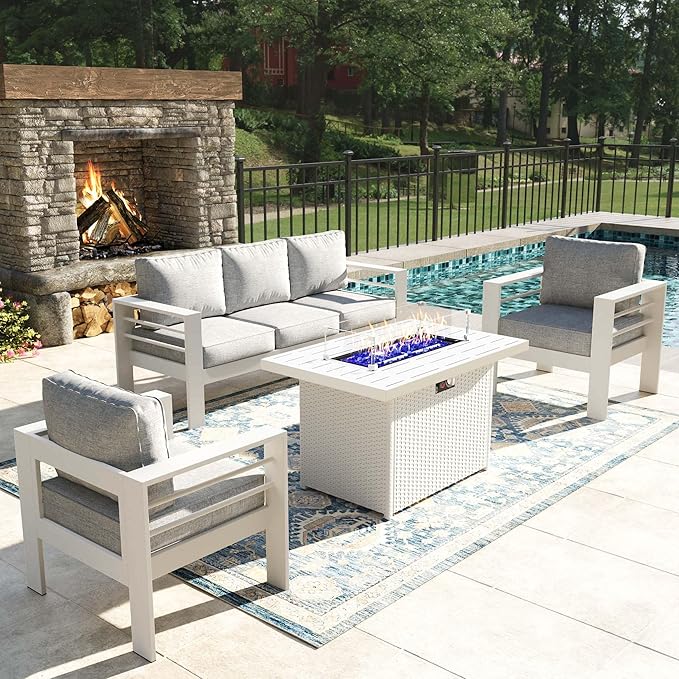 4 Pieces Modern Aluminum Patio Furniture Set with Fire Pit Table, Outdoor Conversation Sets Metal Sectional Sofa