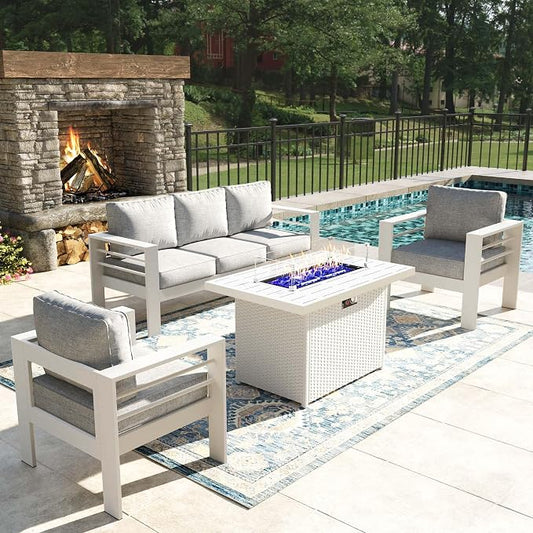 4 Pieces Modern Aluminum Patio Furniture Set with Fire Pit Table, Outdoor Conversation Sets Metal Sectional Sofa