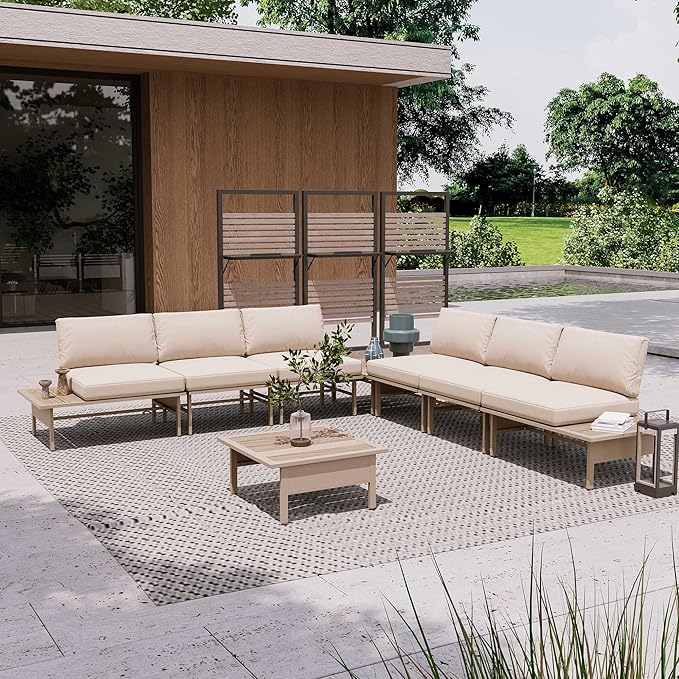 LAUSAINT HOME 8 Pieces Patio Furniture Set, Outdoor Metal Frame Patio Conversation Sets with Coffee Table & Thick Cushions for Garden, Poolside, Backyard(Beige)