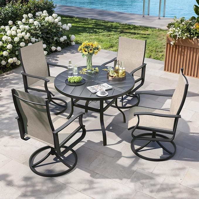 5 Pieces Patio Dining Set, Patio Outdoor Furniture Set of 4 Patio Swivel Dining Chairs and 39" Patio Spliced Round Tabletop with Umbrella Hole, for Deck, Backyard, Poolside & Garden