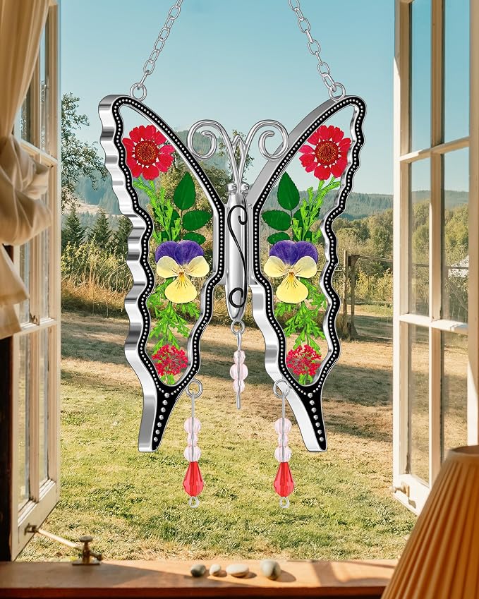 KY&BOSAM Pressed Flowers Butterfly Suncatcher Stained Glass Window Hanging | DIY Gift for Women Wind Chimes Ornament,Metal Frame & Dried Flowers in Glass,Mothers Day Gifts for Mom,Birthday,Christmas